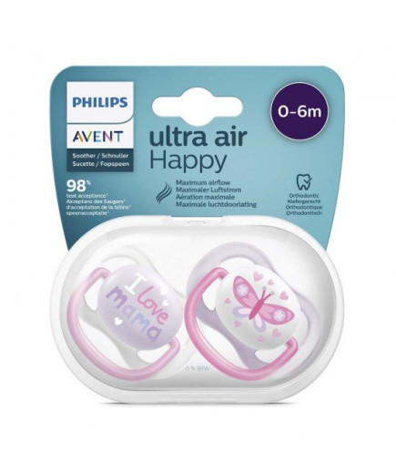 2 бр. ортодонтични залъгалки Philips AVENT SCF080/02 Ultra Air Happy 0-6м с декорация Пеперуда и Надпис Love в кутия за стерилиз