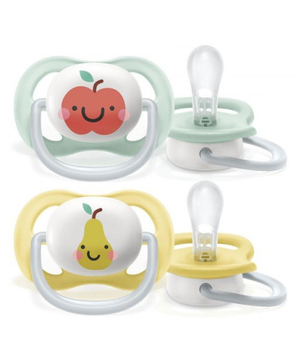 2 бр. ортодонтични залъгалки Philips AVENT SCF080/17 Ultra Air Happy 0-6м с декорация Ябълка и Круша в кутия за стерилизиране