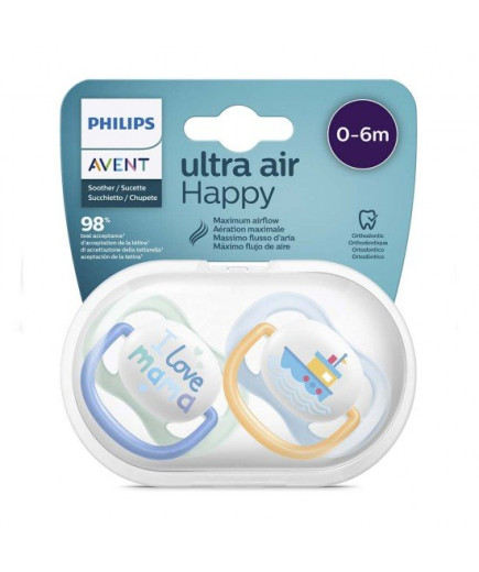 2 бр. ортодонтични залъгалки Ultra Air Happy 0-6м с декорация Надпис и Лодка в кутия за стерилизиране