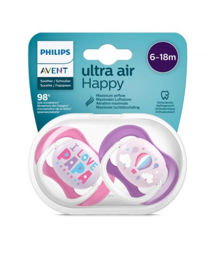 2 бр. ортодонтични залъгалки Ultra Air Happy 6-18м с декорация Надпис и Балон в кутия за стерилизиране