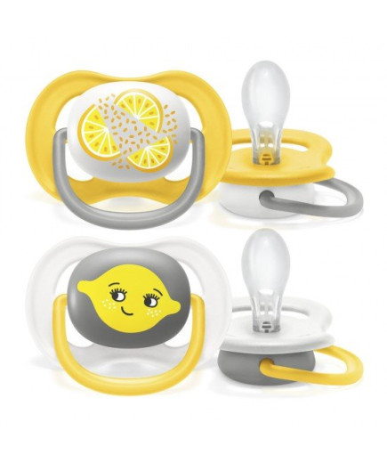 2 бр. ортодонтични залъгалки Ultra Air Happy 6-18м с декорация Лимони в кутия за стерилизиране