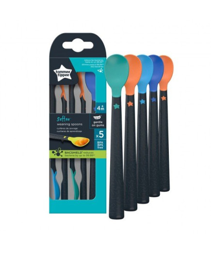 Комплект от 5 броя бебешки лъжички за захранване с мек връх и дълга дръжка Tommee Tippee Softee™, 4м+
