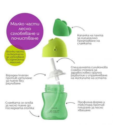 Philips AVENT Чаша със сламка 300 мл, 12м+, ЗЕЛЕНА SCF798/01