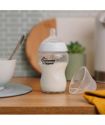 Самостерилизиращо се стъклено шише за хранене Natural Start с биберон с бавен поток (подходящ и за новородено), 250мл