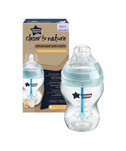 Самостерилизиращо се бебешко шише за хранене Tommee Tippee Advanced Anti-Colic+, 260 мл, 0м+, с иновативна система за намаляване