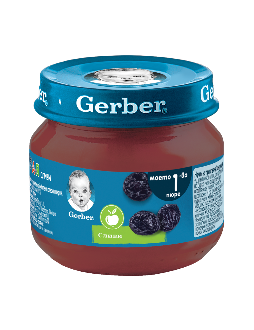 GERBER® Храна за бебета, Сливи пюре, Моето първо пюре, 80 g, бурканче