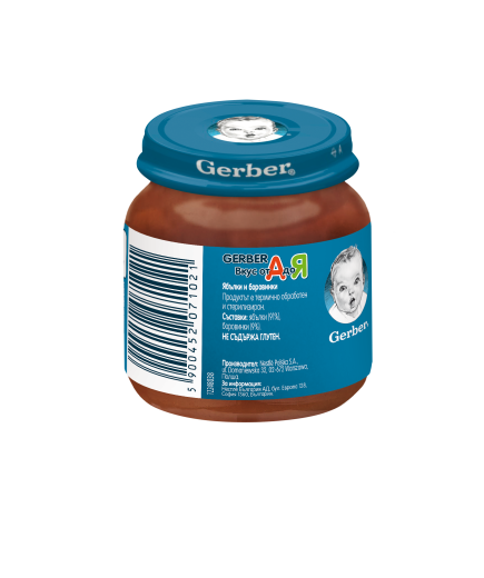 Gerber Храна за бебета, Пюре от ябълки и боровинки, моето 1-во пюре, 125g, бурканче
