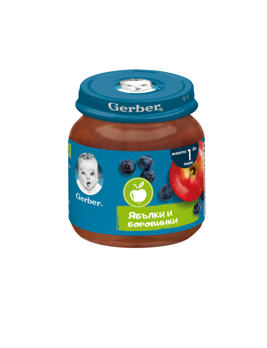 GERBER® Храна за бебета, Ябълки и боровинки пюре, Моето първо пюре, 125g, бурканче