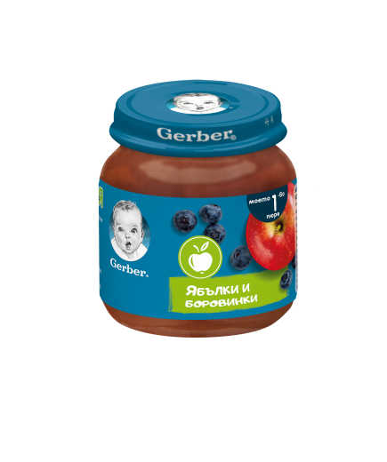 Gerber Храна за бебета, Пюре от ябълки и боровинки, моето 1-во пюре, 125g, бурканче