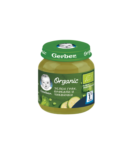 Gerber Organic Храна за бебета, Пюре от зелен грах, броколи и тиквички, моето 1-во пюре, 125g, бурканче