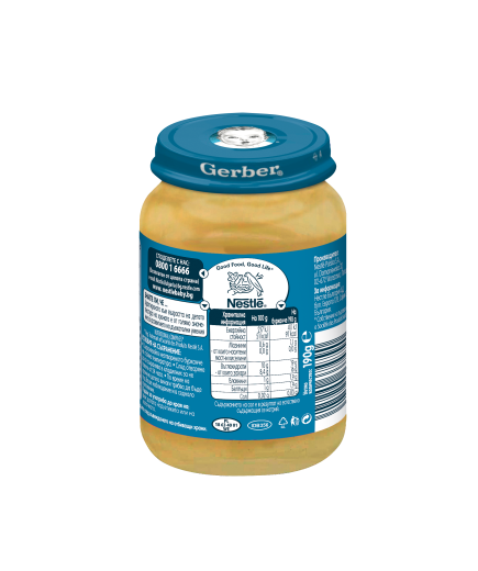 GERBER® Храна за бебета, Десерт ябълки манго и праскова с извара пюре, от 6-ия месец, 190g, бурканче