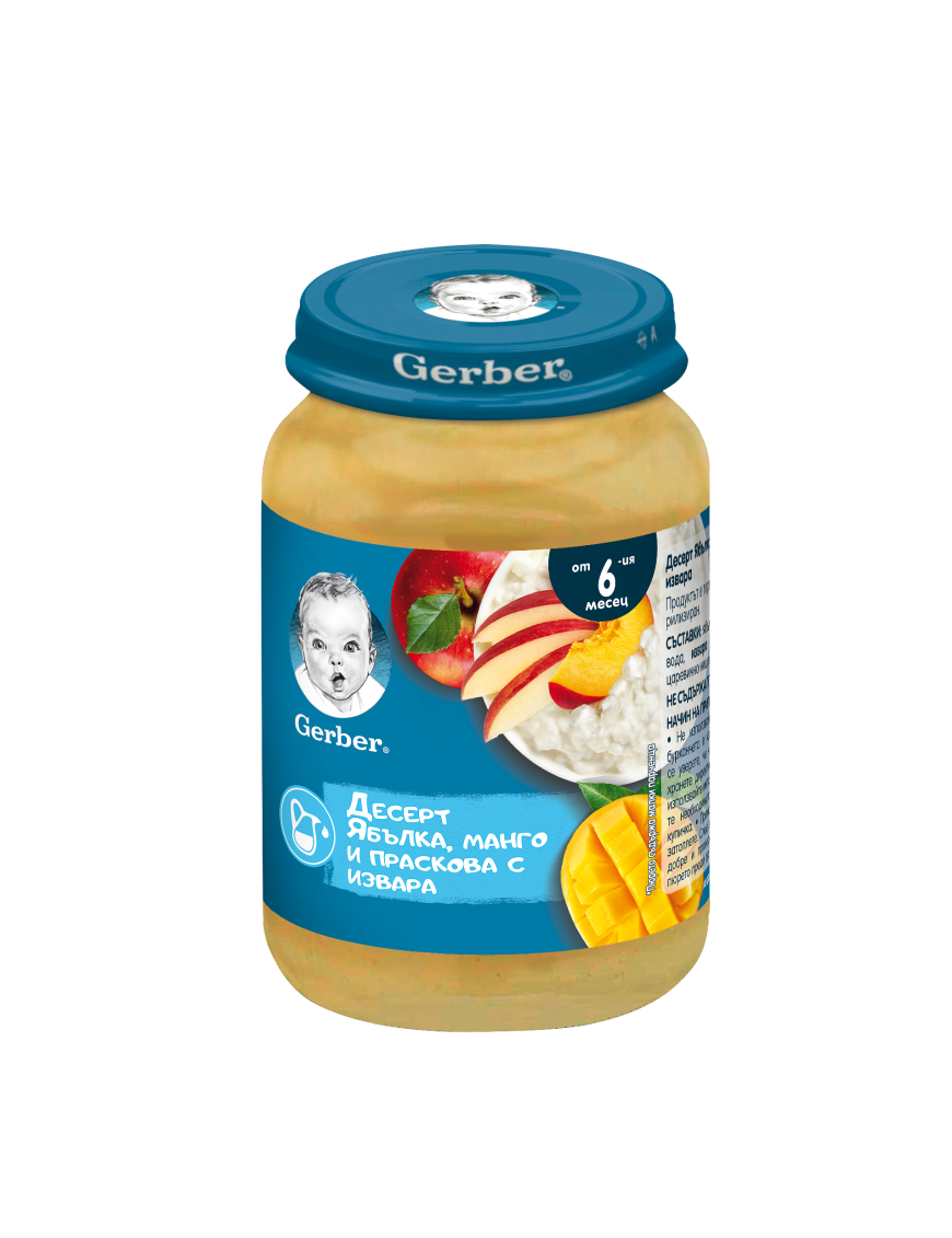 GERBER® Храна за бебета, Десерт ябълки манго и праскова с извара пюре, от 6-ия месец, 190g, бурканче