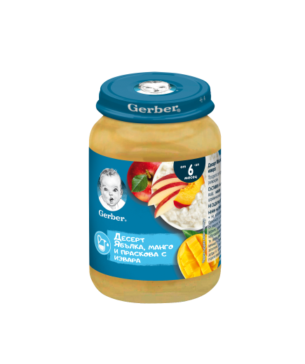 GERBER® Храна за бебета, Десерт ябълки манго и праскова с извара пюре, от 6-ия месец, 190g, бурканче