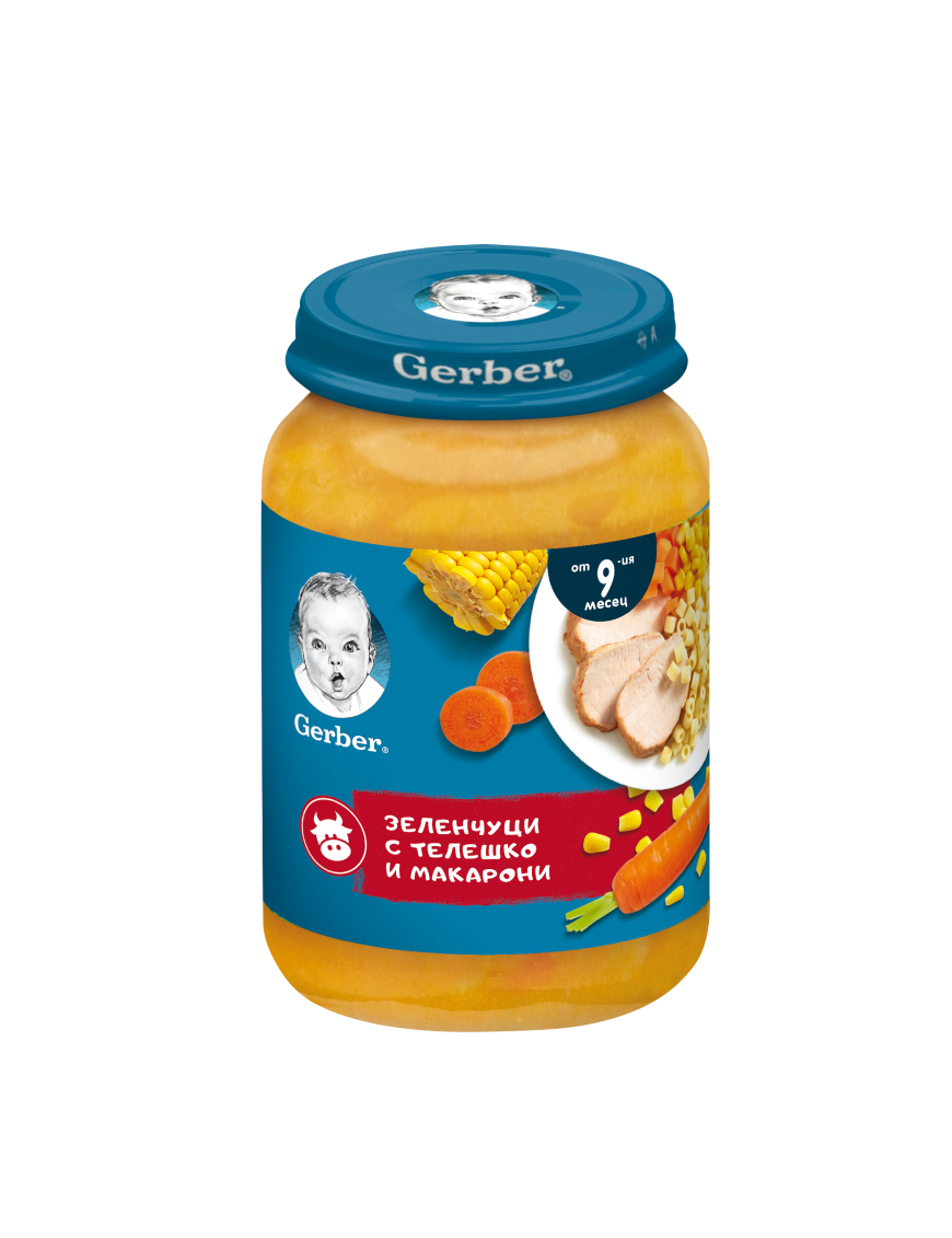 GERBER® Храна за бебета, Зеленчуци с телешко и макарони пюре, от 9-ия месец, 190g, бурканче