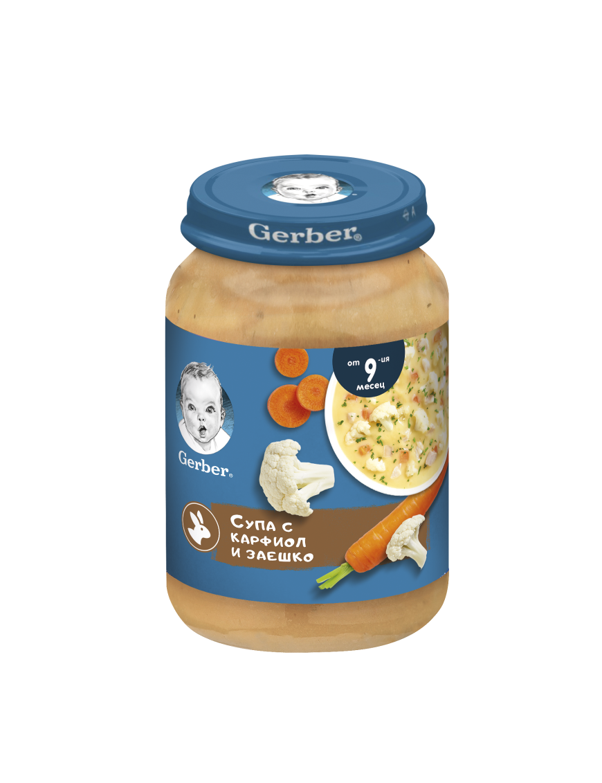 GERBER® Храна за бебета, Супа с карфиол и заешко пюре, от 9-ия месец, 190g, бурканче