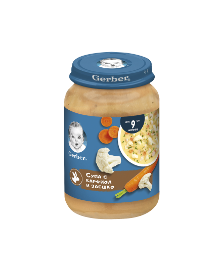 Gerber Храна за бебета, Супа с карфиол и заешко пюре, от 9-ия месец, 190g