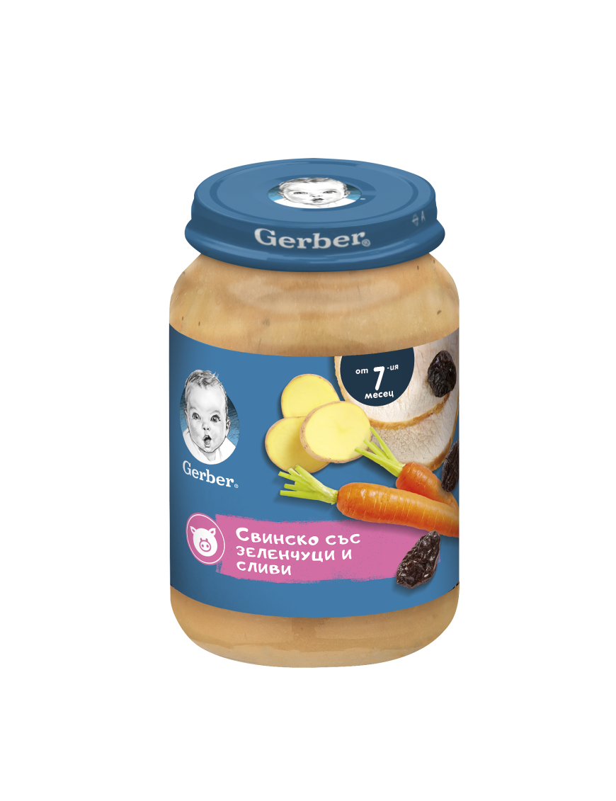 GERBER® Храна за бебета, Свинско със зеленчуци и сливи пюре, от 7-ия месец,  190g, бурканче