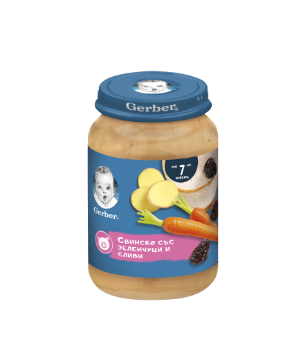 Gerber Храна за бебета, Пюре Свинско със зеленчуци и сливи, от 7-ия месец,  190g