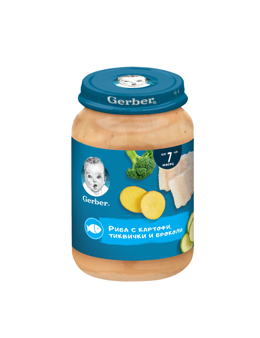 GERBER® Храна за бебета, Риба с картофи пюре, тиквички и броколи, от 7-ия месец, 190g, бурканче