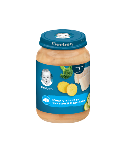 GERBER® Храна за бебета, Риба с картофи пюре, тиквички и броколи, от 7-ия месец, 190g, бурканче