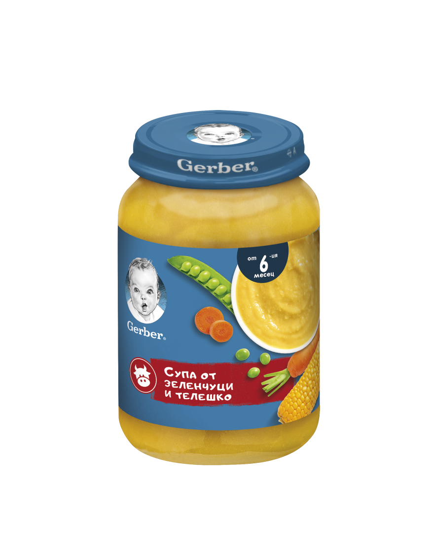 GERBER® Храна за бебета, Супа от зеленчуци и телешко пюре, от 6-ия месец, 190g, бурканче