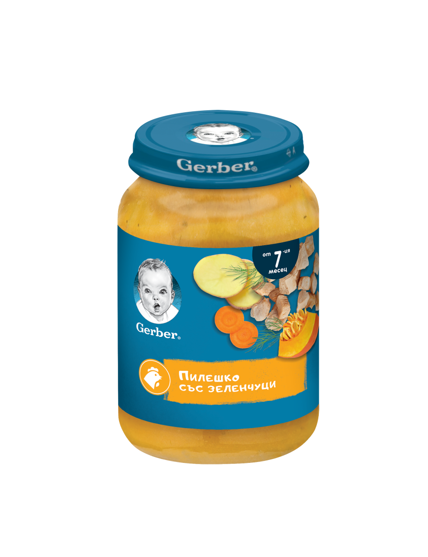 GERBER® Храна за бебета, Пилешко със зеленчуци пюре, от 7-ия месец, 190g, бурканче