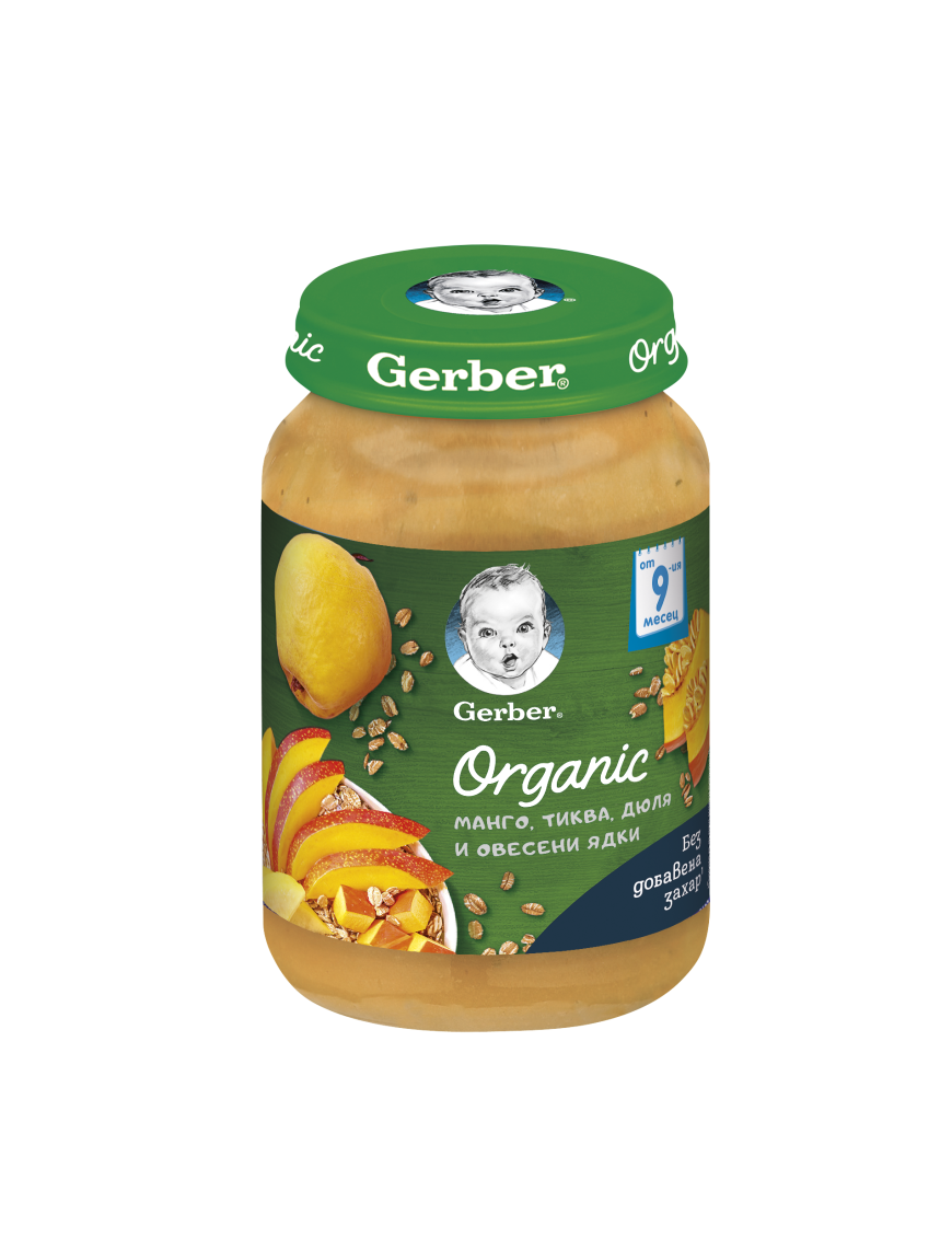 GERBER® Organic Храна за бебета, Манго, тиква, дюля и овесени ядки пюре, от 9-ия месец, 190g, бурканче