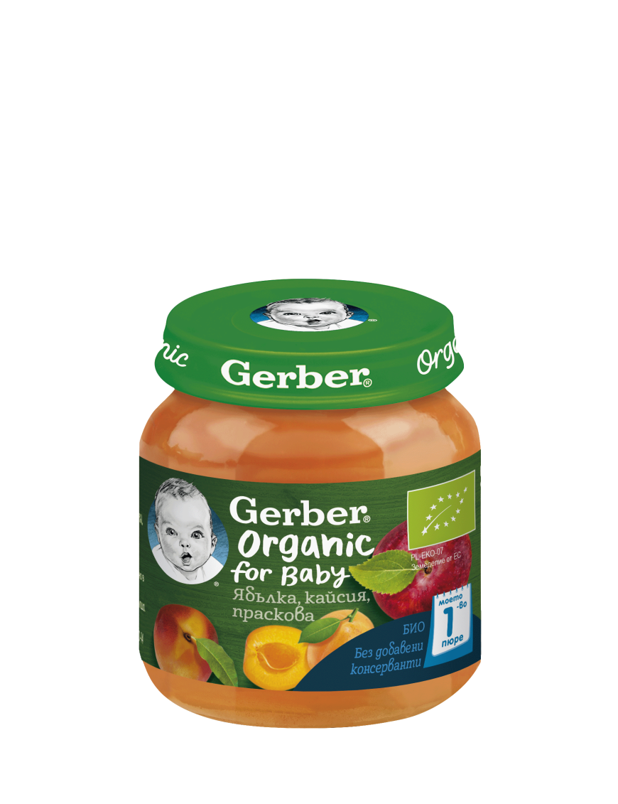 Gerber® Organic for baby, Храна за бебета, Ябълка, кайсия, праскова, от 6-ия месец, 125g, бурканче