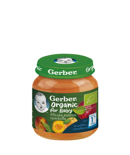 Gerber Organic for baby, Храна за бебета, Пюре от ябълка, кайсия и праскова,ot 6-ия месец,125g