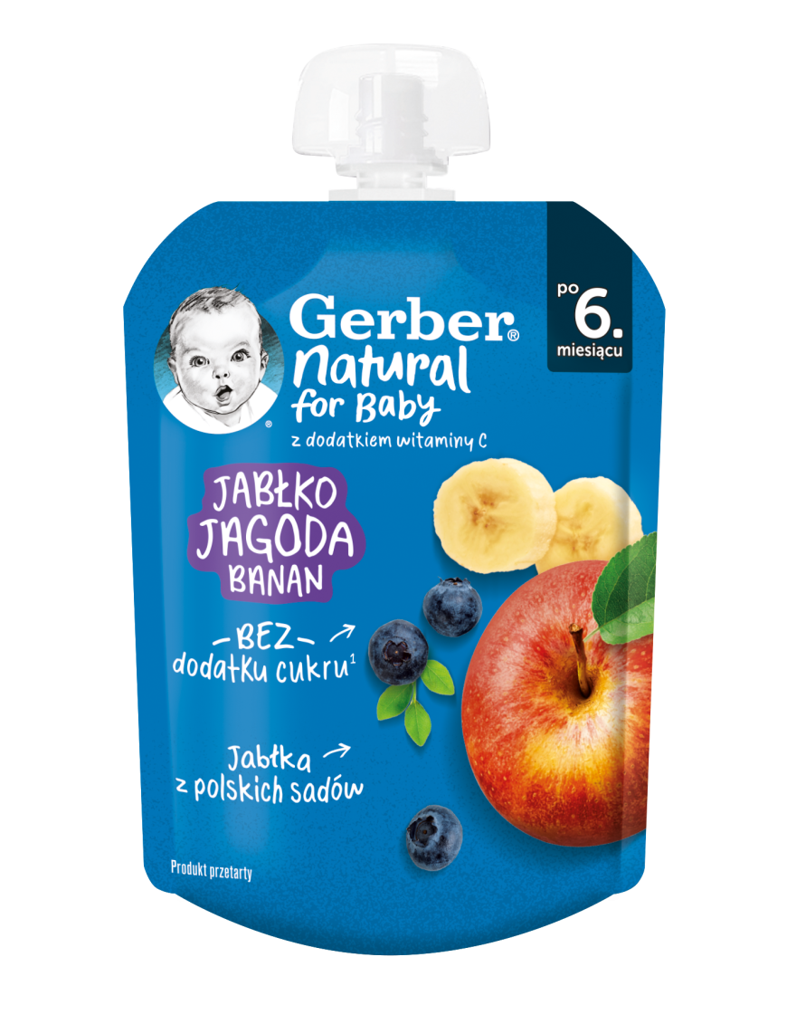 GERBER® Храна за бебета, Ябълка, боровинка и банан пюре, от 6-ия месец, 80g, пауч