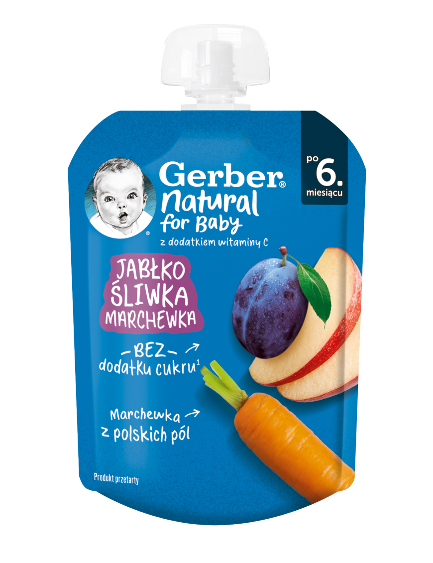 GERBER® Храна за бебета, Ябълка, слива и морков пюре, от 6-ия месец, 80g, пауч