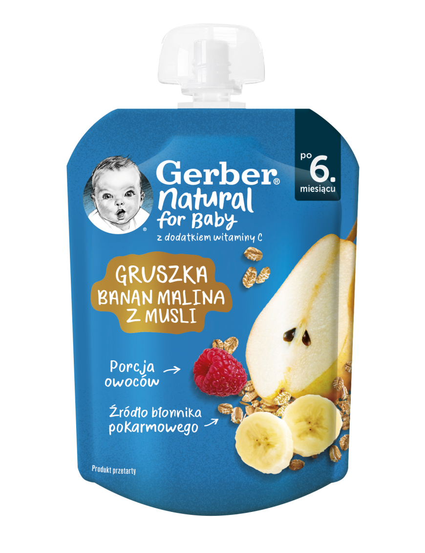 Gerber® Natural for baby Круша, банан, малина с мюсли от 6-ия месец, 80g, пауч