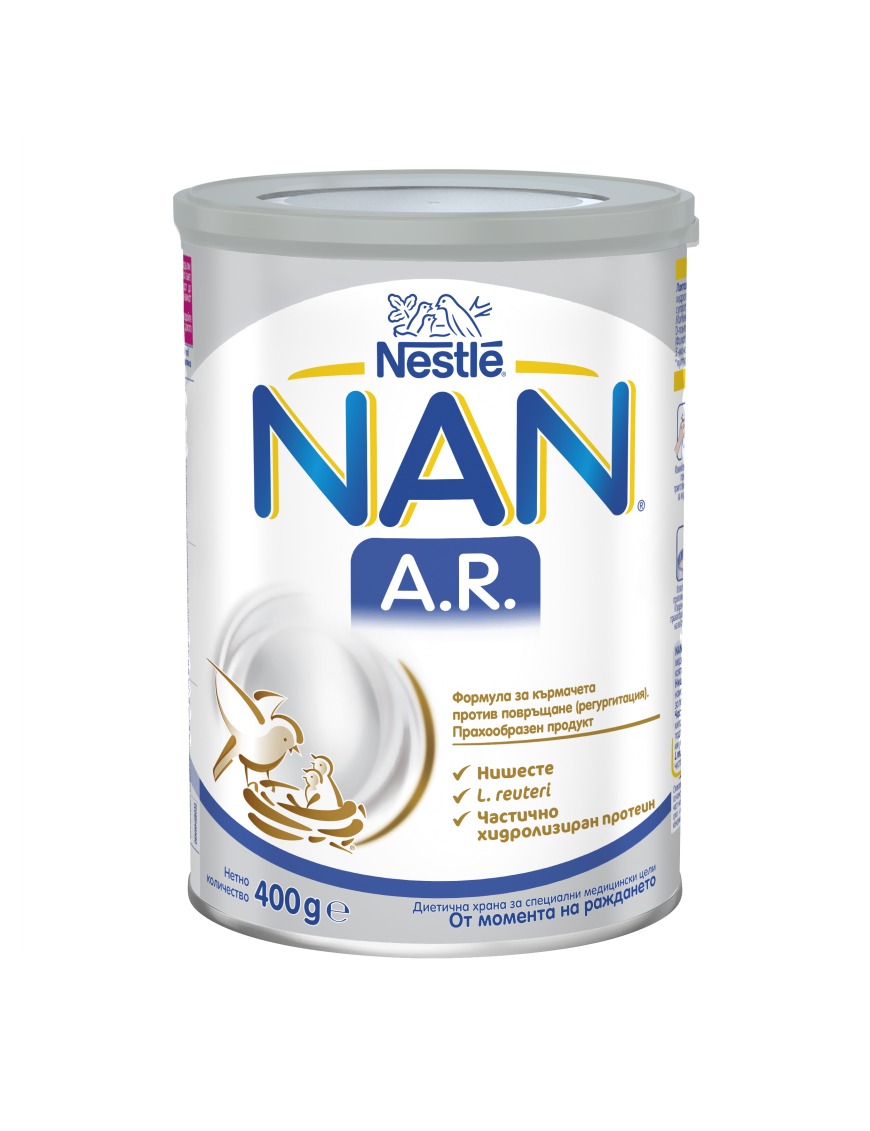 Nestlé® NAN® A.R., от момента на раждането, Формула за кърмачета против повръщане (регургитация), 400 g, метална кутия