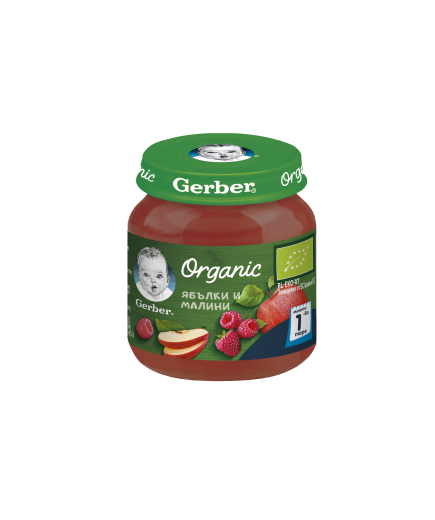 Gerber Organic, Храна за бебета, Пюре от ябълки и малини, моето 1-во пюре,125g, бурканче