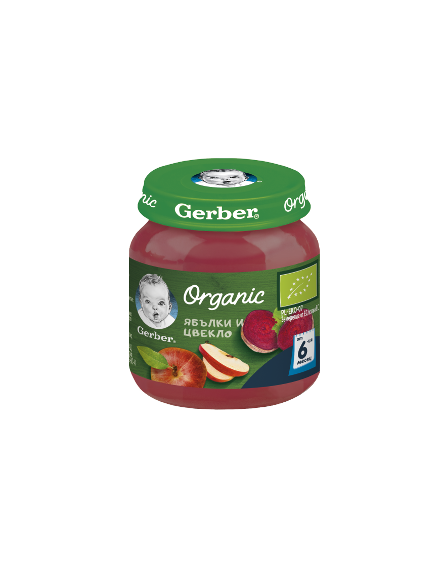 GERBER® Organic Храна за бебета, Ябълки и цвекло пюре, от 6-ия месец, 125g, бурканче