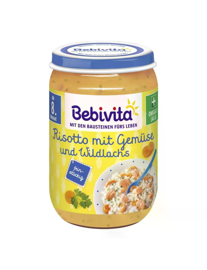 BEBIVITA Ризото зеленчуци и дива сьомга 15614, пюре, 220гр.