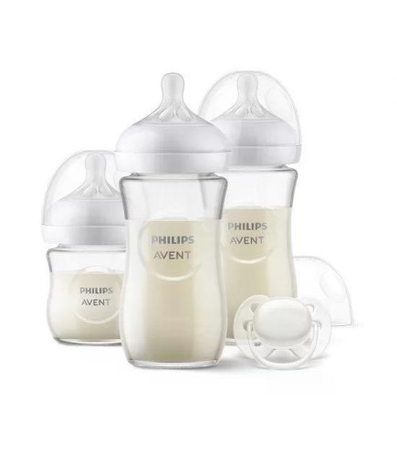Подаръчен комплект за бебе Philips AVENT SCD878/11 с 3 стъклени шишета за хранене Natural Response с биберони без протичане и за