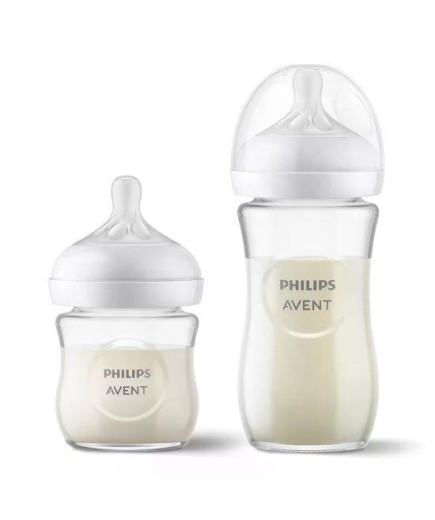 Подаръчен комплект за бебе Philips AVENT SCD878/11 с 3 стъклени шишета за хранене Natural Response с биберони без протичане и за