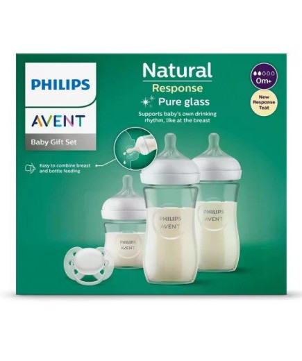 Подаръчен комплект за бебе Philips AVENT SCD878/11 с 3 стъклени шишета за хранене Natural Response с биберони без протичане и за