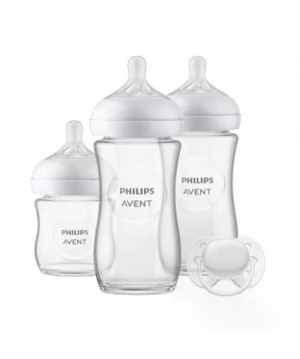 Подаръчен комплект за бебе Philips AVENT SCD878/11 с 3 стъклени шишета за хранене Natural Response с биберони без протичане и за