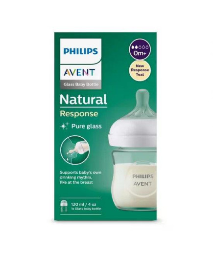 Стъклено шише за хранене Natural Response 120 мл с биберон без протичане Natural Response Поток 2, 0м+, Philips AVENT SCY930/01