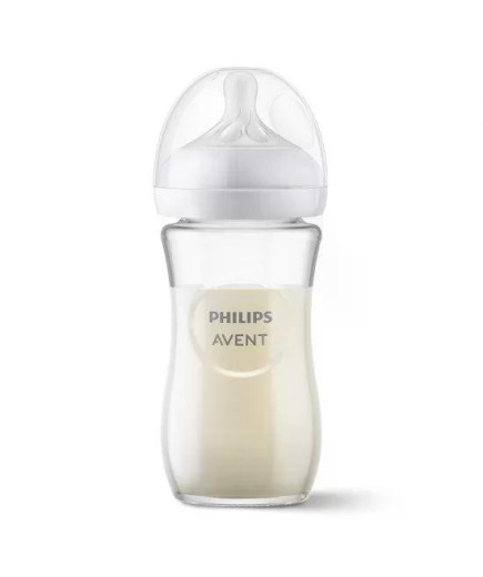 Стъклено шише за хранене Natural Response 240 мл с биберон без протичане Natural Response Поток 3, 1м+, Philips AVENT SCY933/01