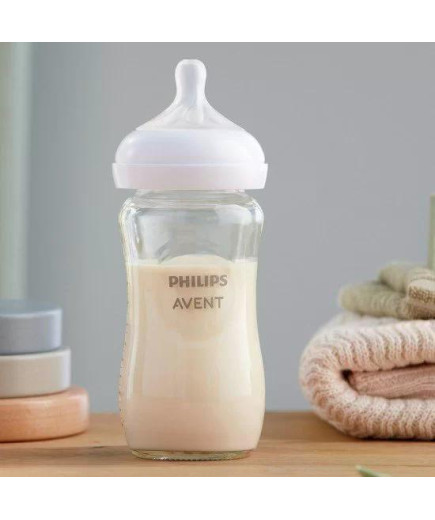 Стъклено шише за хранене Natural Response 240 мл с биберон без протичане Natural Response Поток 3, 1м+, Philips AVENT SCY933/01