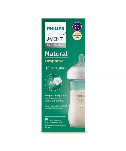 Стъклено шише за хранене Natural Response 240 мл с биберон без протичане Natural Response Поток 3, 1м+, Philips AVENT SCY933/01