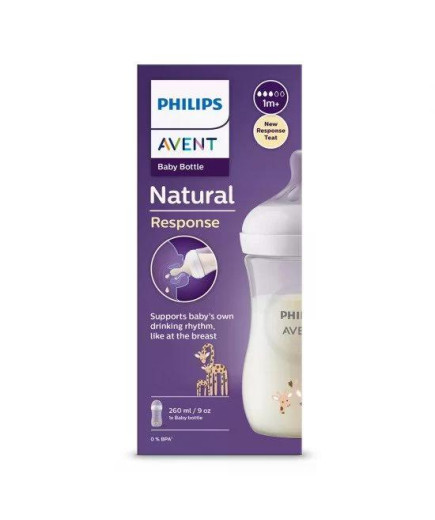 Шише за хранене Natural Response 260 мл с биберон без протичане Natural Response Поток 3, 1м+, с картинка Жирафи, Philips AVENT 