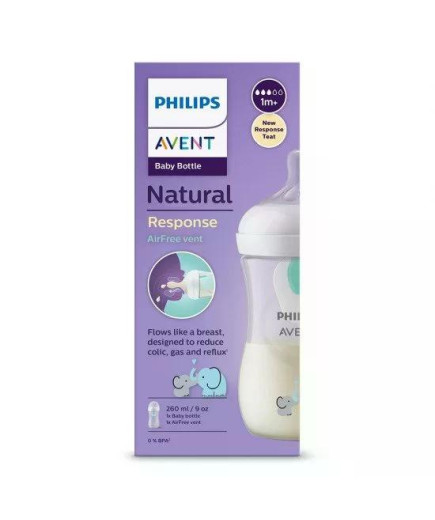 Шише за хранене Natural Response с клапа AirFree 260 мл с биберон без протичане Natural Response Поток 3, с картинкa Слончета, 1