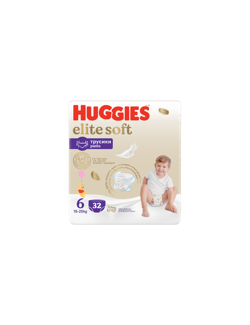 Huggies Бебешки пелени гащички Elite Soft 6, 15-25кг, 32бр.