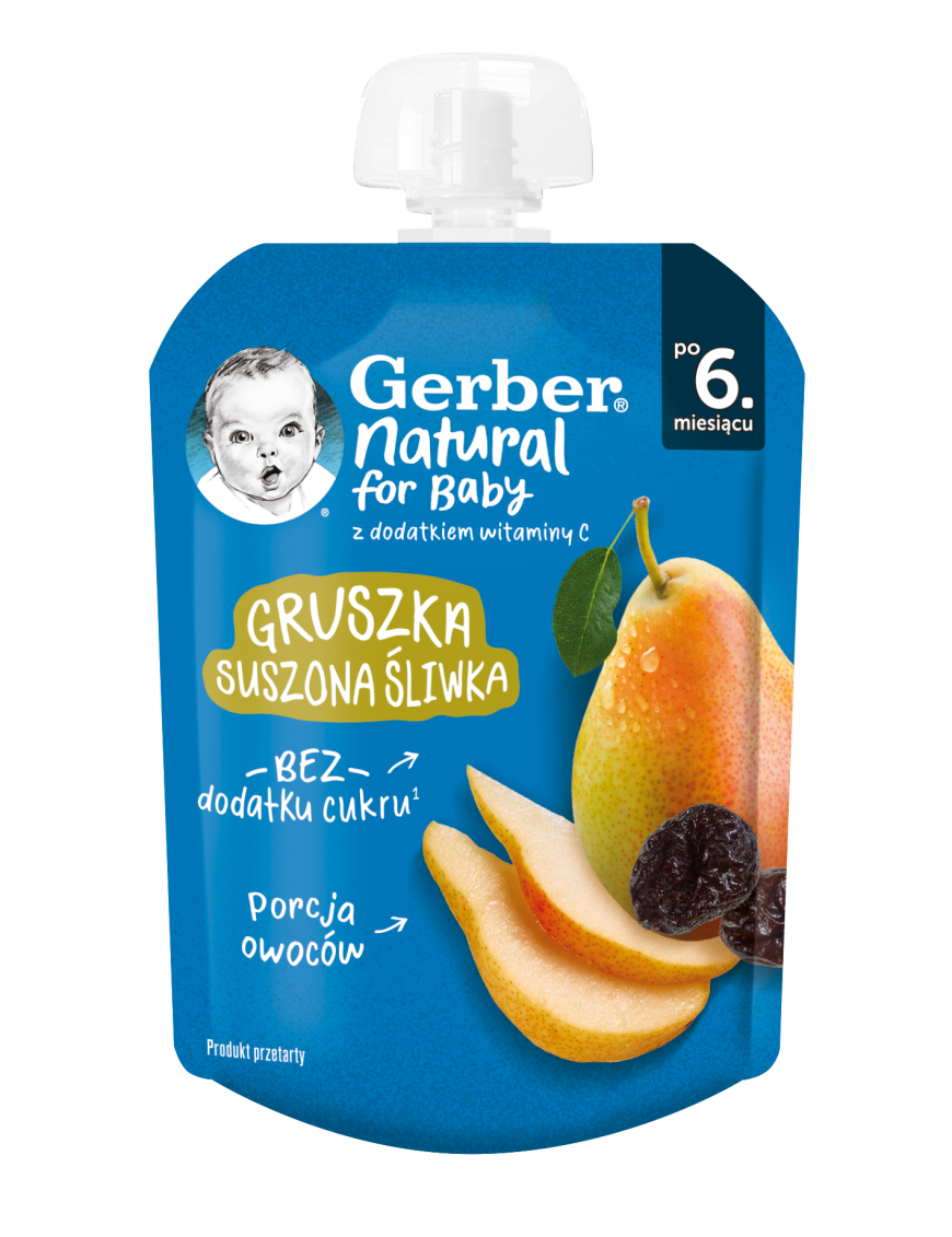 GERBER® Храна за бебета, Круша и сушени сливи пюре, от 6-ия месец, 80g, пауч