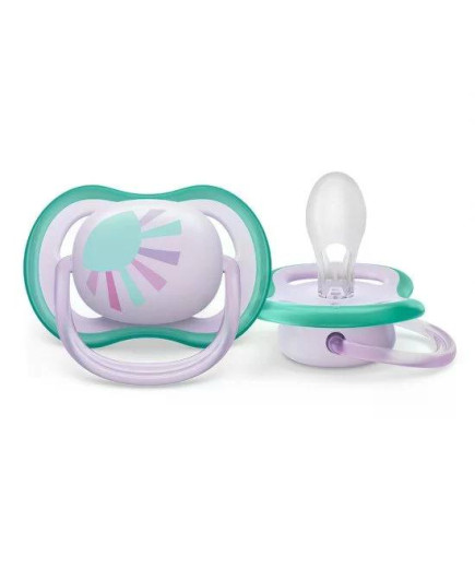 Комплект от 2 бр. ортодонтични залъгалки Philips AVENT SCF085/59 Ultra Air 0-6м лилави с декорация Слънце и Дъга в кутия за стер