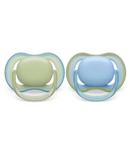 Комплект от 2 бр. ортодонтични залъгалки Philips AVENT SCF085/21 Ultra Air 0-6м, синьо и зелено, в кутия за стерилизиране